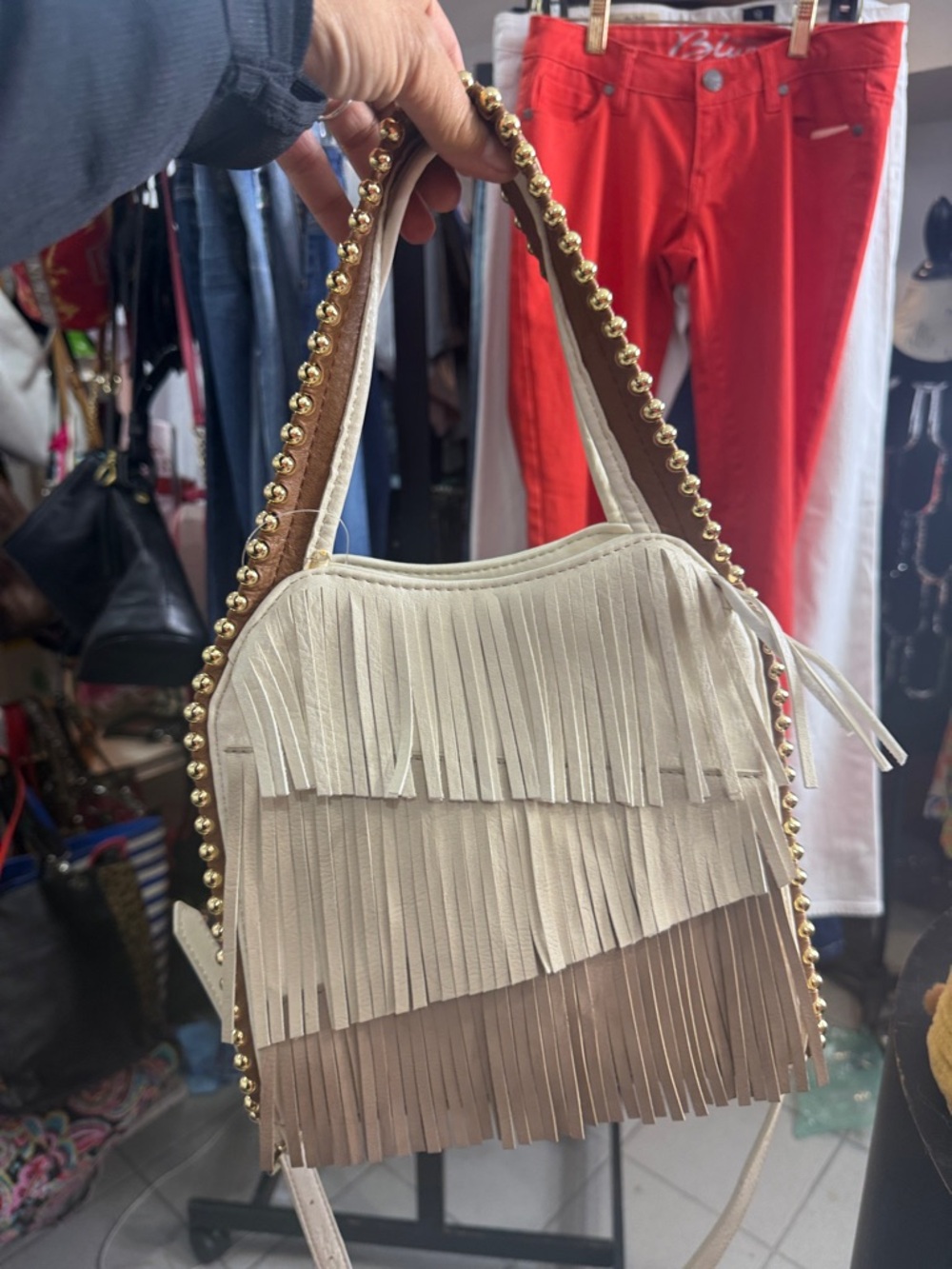 Leather Fringe Crossbody Bag in Cream and Tan by
